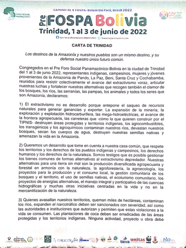 Descargue: Carta de Trinidad emitida en el pre Foro Social Panamazónico de Bolivia